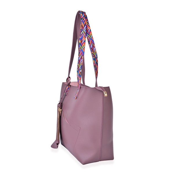 Plum Colour Handbag (Size 41X29.5X27.5X13 Cm) with Multi Colour Shoulder Strap and Pouch (Size 20X12.5 Cm)