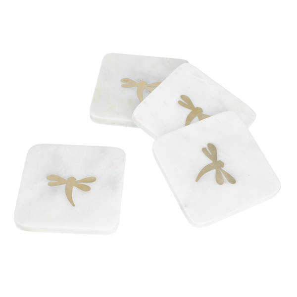 NAKKASHI - Set of 4 - Square Marble Coasters with Brass Inlay (Size 10 cm)
