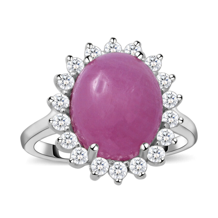 Natural Pink Sapphire and Natural Zircon Halo Ring in Rhodium Overlay Sterling Silver 8.17 Ct.
