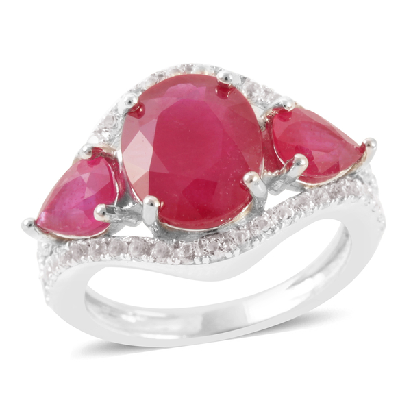 African Ruby (Ovl 5.00 Ct), White Topaz Ring in Rhodium Plated Sterling Silver 8.000 Ct.