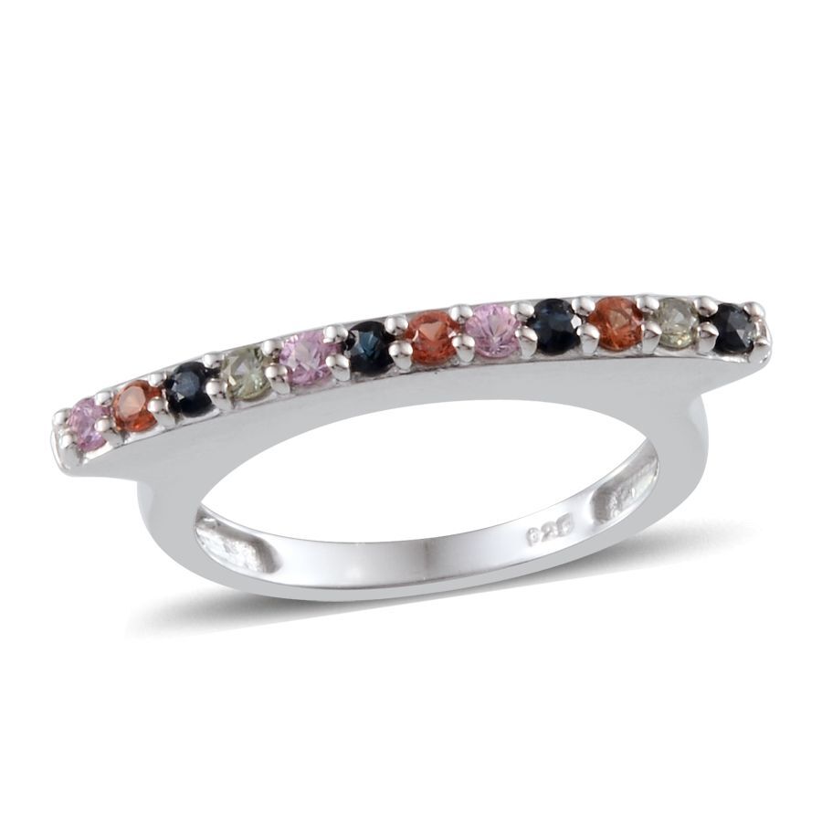 Green Sapphire (Rnd), Orange Sapphire, Kanchanaburi Blue Sapphire and Pink Sapphire Ring in Platinum