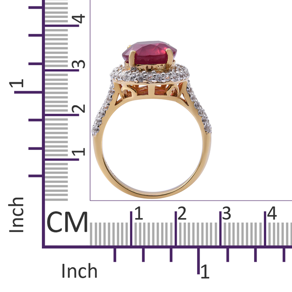 African Ruby (Ovl 6.75 Ct), Natural White Cambodian Zircon Ring in 14K Gold Overlay Sterling Silver 8.500 Ct.