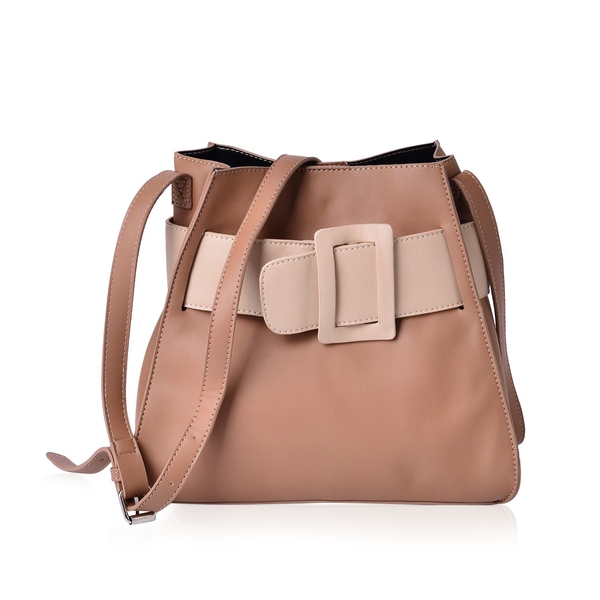 Set of 2 - Tan and Cream Colour Large Handbag with Adjustable Shoulder Strap and Small Handbag (Size 28x25x12.5 Cm, 17.5x15x7.5 Cm)