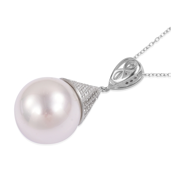 Haliotis Asinina Shell Pearl (Rnd 19mm to 21mm), Natural White Cambodian Zircon Pendant with Chain in Rhodium Plated Sterling Silver.