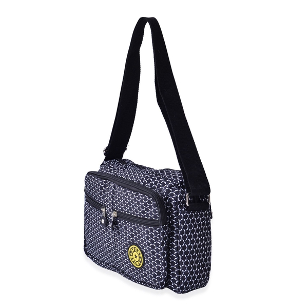 Black Dots Pattern White Colour Sports Bag With External Zipper Pocket and Adjustable Shoulder Strap (Size 27x20x6 Cm)