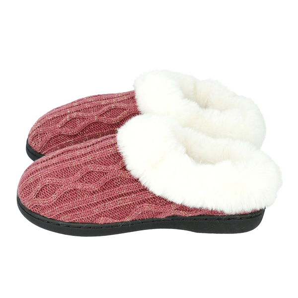 Knitted Slippers with Faux Fur (Size L: 7-8) - Burgundy