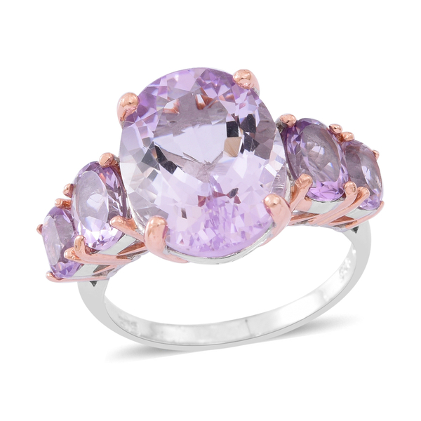 Rose De France Amethyst (Ovl 8.45 Ct) 5 Stone Ring in Rhodium Plated and Rose Gold Overlay Sterling 