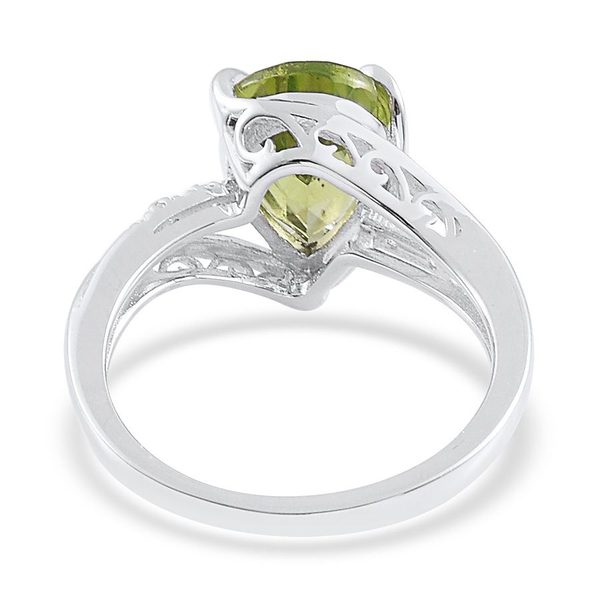AA Hebei Peridot (Pear 3.00 Ct), White Topaz Ring in Platinum Overlay Sterling Silver 3.020 Ct.