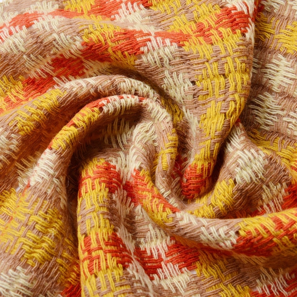 100% Wool Yellow, Red and Multi Colour Checks Pattern Scarf with Tassels (Size 180X30 Cm)