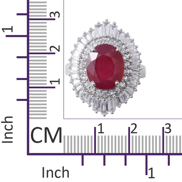 African Ruby (Ovl 12x10 mm), White Topaz Ring in Rhodium Overlay Sterling Silver 9.210 Ct, Silver wt 6.00 Gms.
