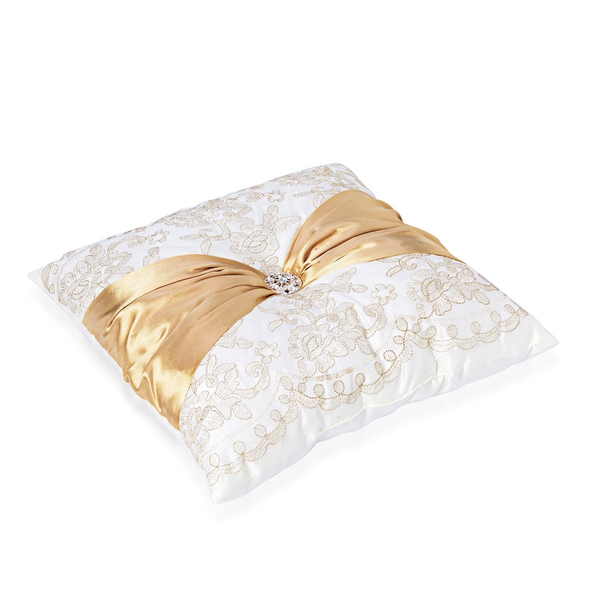 Golden Flowers Embroidered White Colour Cushion with Golden Colour Christmas Bowknot and Synthetic White Crystal (Size 40x40 Cm)