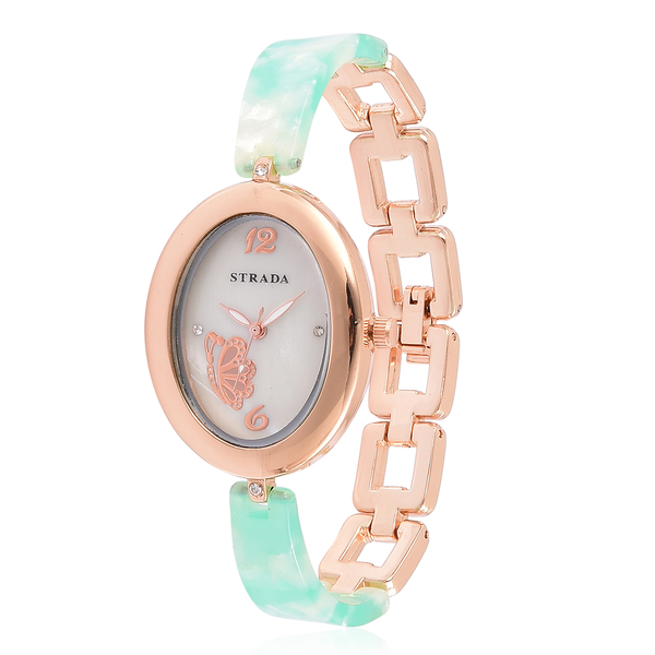 Designer Inspired-STRADA Japanese Movement White Austrian Crystal Studded MOP Dial Watch in Rose Gol