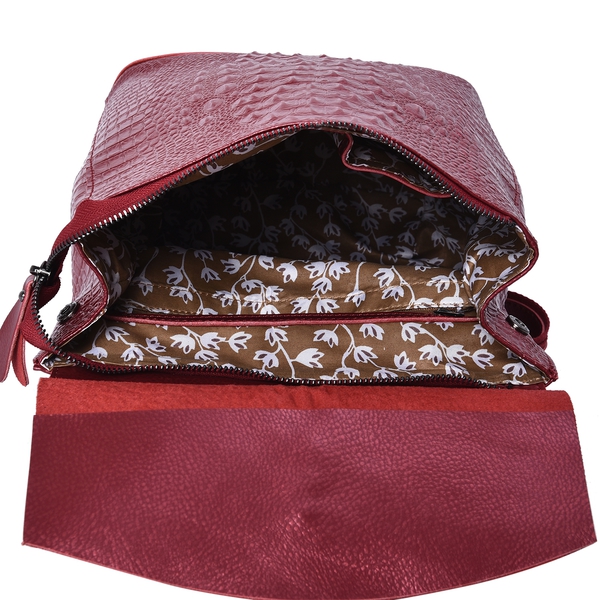 100% Genuine Leather Croc Embossed Backpack (Size 36x33x13 Cm) - Wine