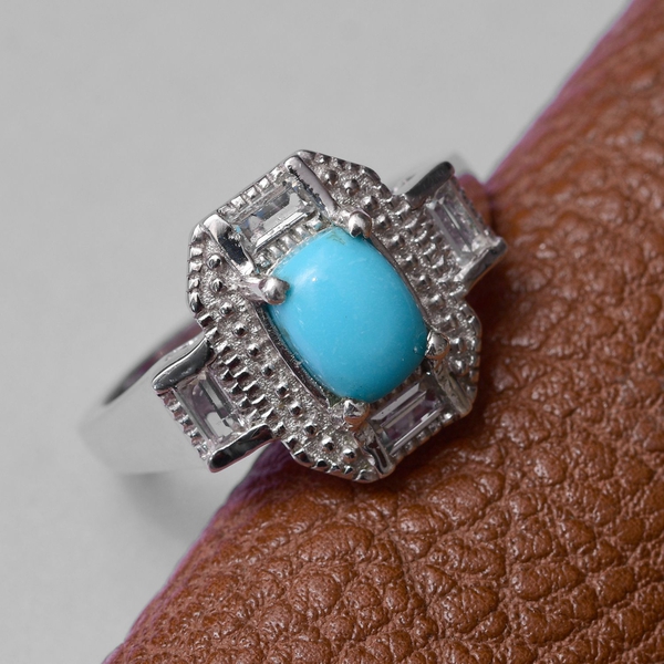 Arizona Sleeping Beauty Turquoise (Cush 1.05 Ct), White Topaz Art Deco Ring in Platinum Overlay Sterling Silver 1.500 Ct.