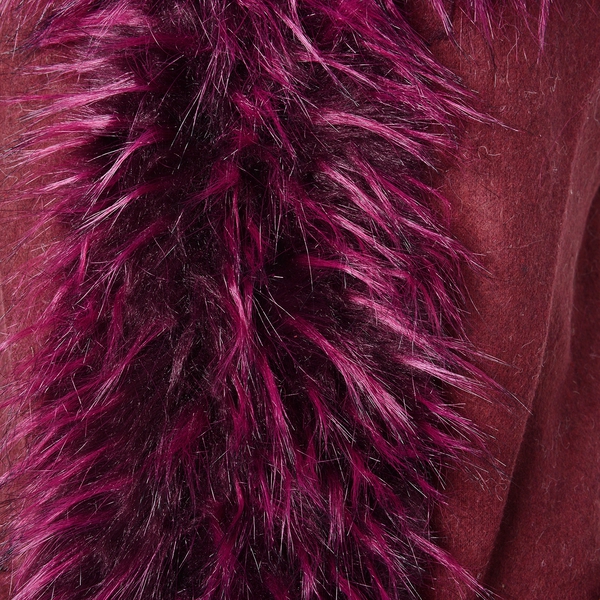 Faux Fur Collar Long Vest Cardigan with 2 Pockets (Size 106x53 Cm) Wine Red Colour