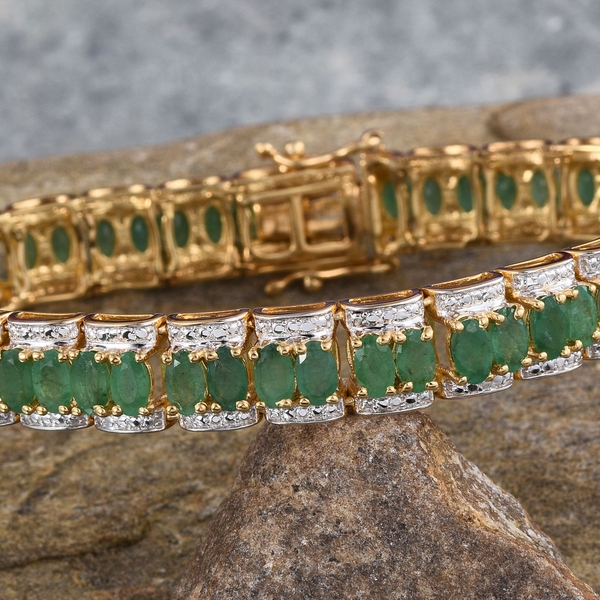 Kagem Zambian Emerald (Ovl), Diamond Bracelet (Size 7) in 14K Gold Overlay Sterling Silver 12.010 Ct.