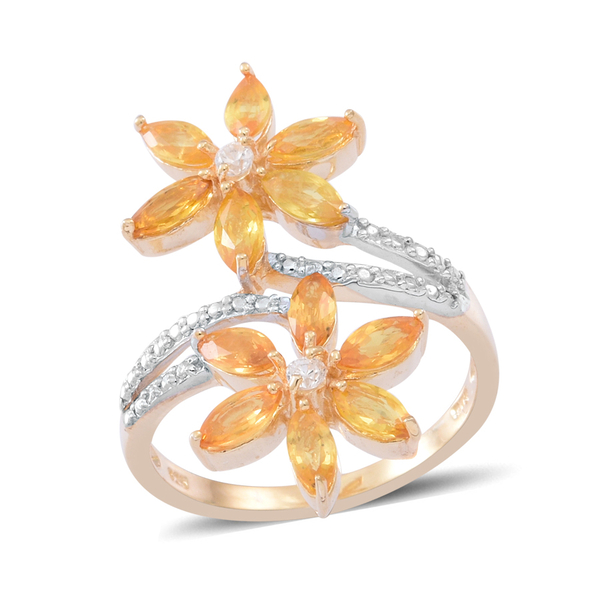Yellow Sapphire (Mrq), Natural Cambodian Zircon Twin Floral Ring in 14K Gold Overlay Sterling Silver 2.500 Ct.