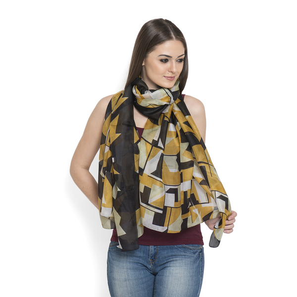100% Mulberry Silk Yellow and Black Colour Abstract Pattern Cream Colour Scarf (Size 175x100 Cm)