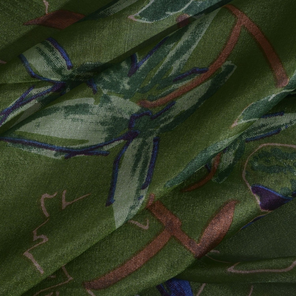 100% Mulberry Silk Green, Blue and Multi Colour Hand Screen Floral Printed Scarf (Size 200X180 Cm)