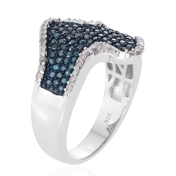 Designer Inspired Blue Diamond (Rnd), White Diamond Ring in Platinum Overlay Sterling Silver 1.000 Ct.