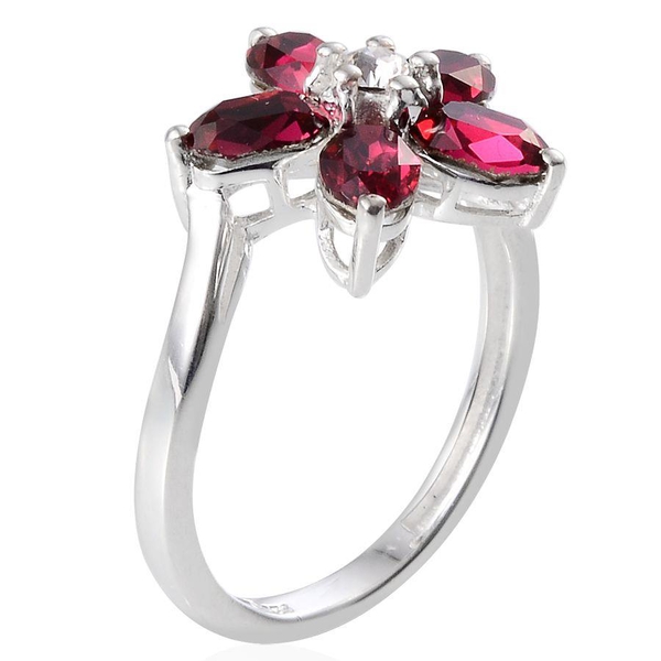 - Ruby Colour Crystal (Ovl), White Crystal Floral Ring in Sterling Silver