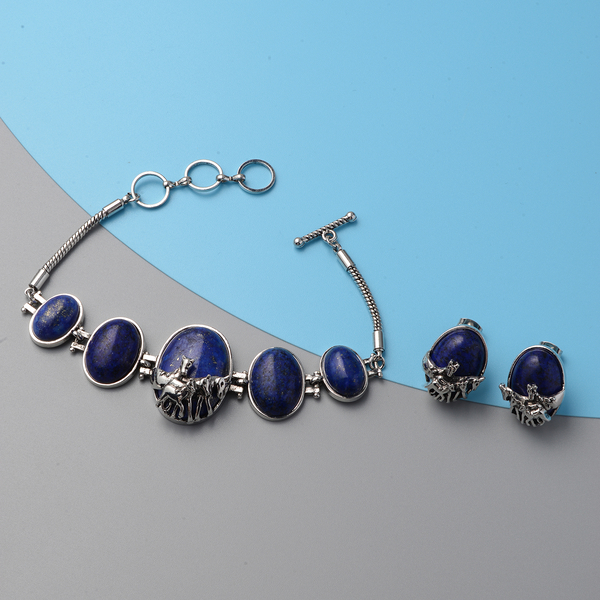 2 Piece Set - Lapis Lazuli Bracelet (Size 8.5 with Extender) and Earrings (with Push Back) 110.50 Ct.