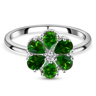 Chrome Diopside and Natural Cambodian Zircon Floral Ring in Platinum Overlay Sterling Silver 1.16 Ct