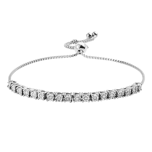 Diamond (Rnd) Adjustable Bolo Bracelet (Size 6.5 - 9.5 Inch Adjustable) in Platinum Overlay Sterling