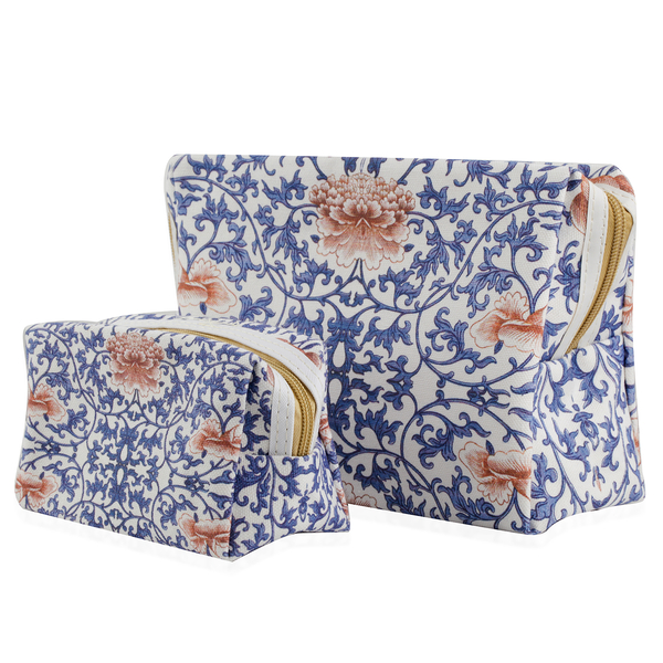 Set of 2 - Blue and Multi Colour Floral Pattern Cosmetic Bag (Size Large 26X17X9 Cm and Small 15X11X