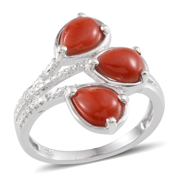 Natural Mediterranean Coral (Pear), Diamond Ring in Platinum Overlay Sterling Silver