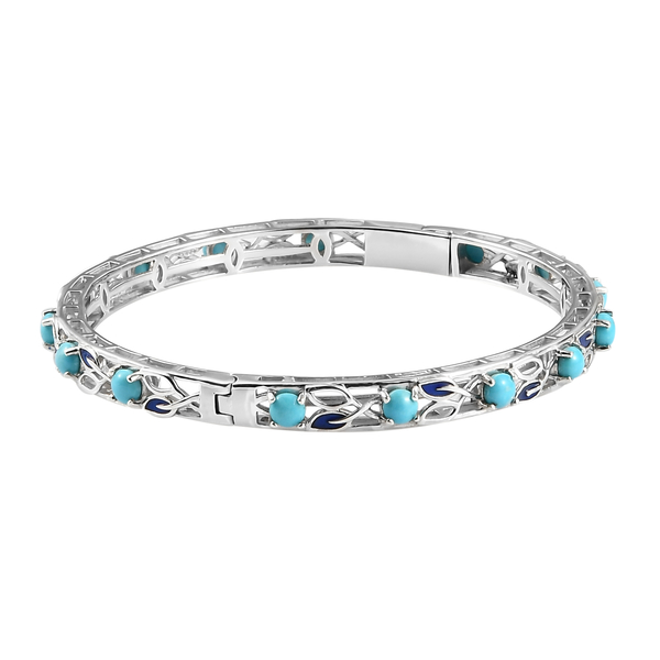 Arizona Sleeping Beauty Turquoise Enamelled Bangle (Size 7) with Clasp in Platinum Overlay Sterling Silver 3.63 Ct, Silver wt. 14.20 Gms