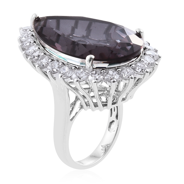 Alexandria Quartz (Pear 41.85 Ct), Natural Cambodian Zircon Ring in Platinum Overlay Sterling Silver 48.750 Ct.