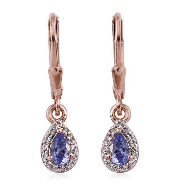 Tanzanite Pear, White Topaz Silver Earrings in Rose Gold Overlay 0.500 Ct.