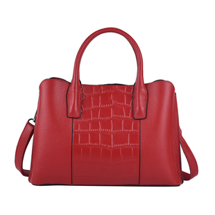 SENCILLEZ 100% Genuine Leather Croc Embossed Pattern Convertible Bag with Shoulder Strap (Size 32x23x12Cm) - Red