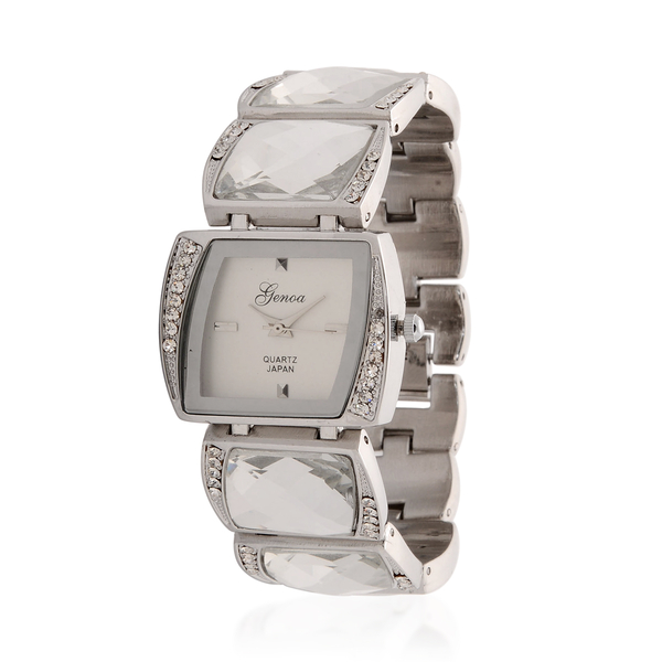 GENOA Japanese Movement White Dial White Austrian Crystal Water Resistant Watch in Silver Tone Strap
