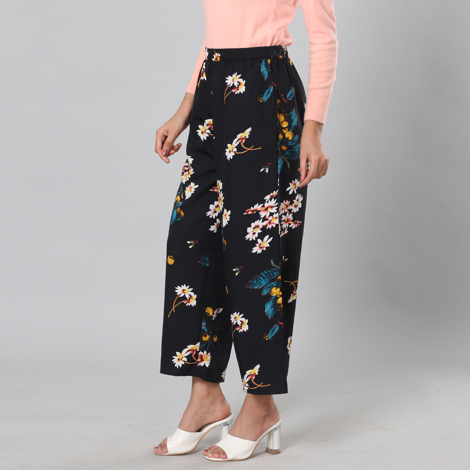 Multi Colour Floral Printed Black Trousers (Size XXL, 22-26)