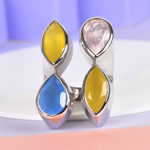 Sundays Child - Yellow Onyx, Rose Quartz and Blue Onyx Ring in Platinum Overlay Sterling Silver 18.3