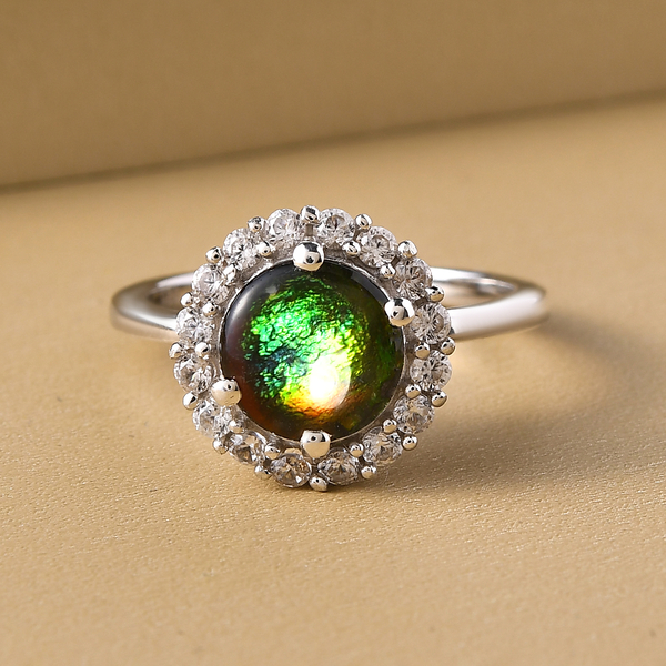 Ammolite and Natural Cambodian Zircon Ring in Platinum Overlay Sterling Silver 2.11 Ct.