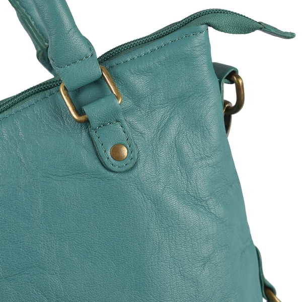 Genuine Leather RFID Teal Colour Handbag with External Zipper Pocket and Adjustable Shoulder Strap (Size 36X32X8 Cm)