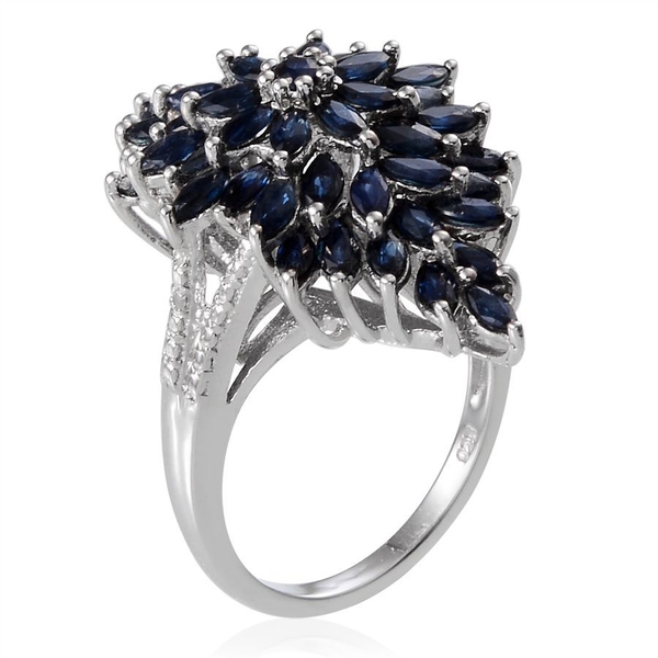 Kanchanaburi Blue Sapphire (Mrq), Diamond Cluster Ring in Platinum Overlay Sterling Silver 4.810 Ct.