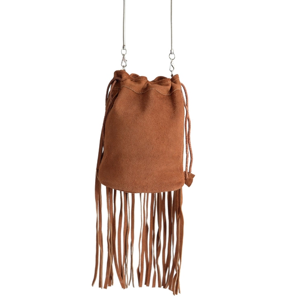 Genuine Leather Tan Colour Potli Bag with Long Fringes and Chain Strap (Size 21x20x9.5 Cm)