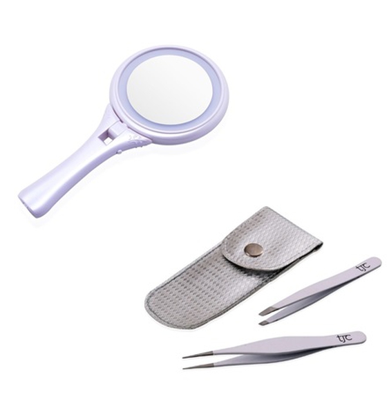 Hand Held Mirror with LED Light on Both Sides (Size 24.6x12.8x2 Cm) and Duo White Tweezer Set - One 