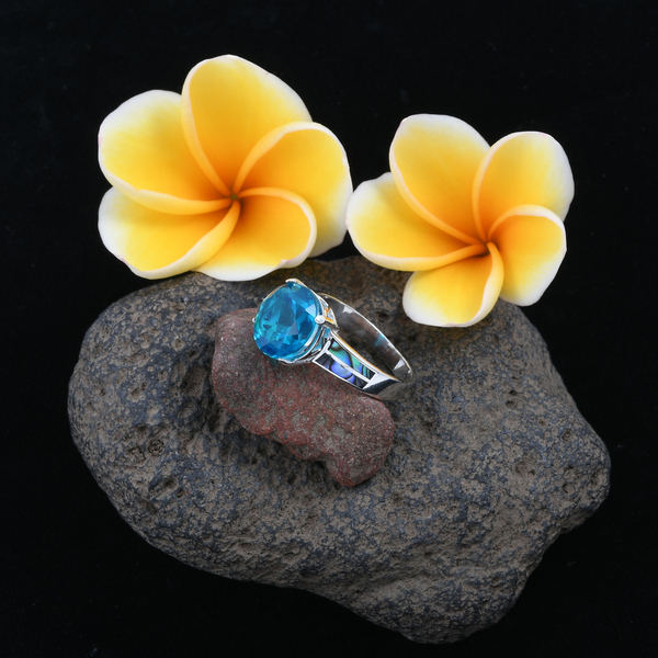 Royal Bali Collection Capri Blue Quartz (Rnd 6.76 Ct), Abalone Shell Ring in Sterling Silver 11.760 Ct.