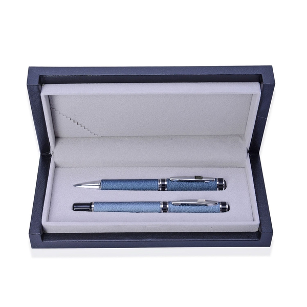 Set of 2 - Blue Satin Plated Silver Tone Ball Point and Roller Pen (Black Ink) with Black and White 