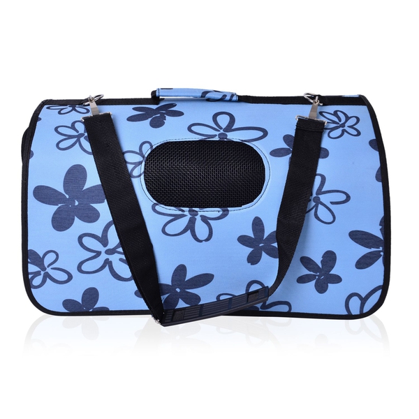 Blue and Black Colour Floral Pattern Pet Carrier (Size 50X28X27 Cm) with Shoulder Strap