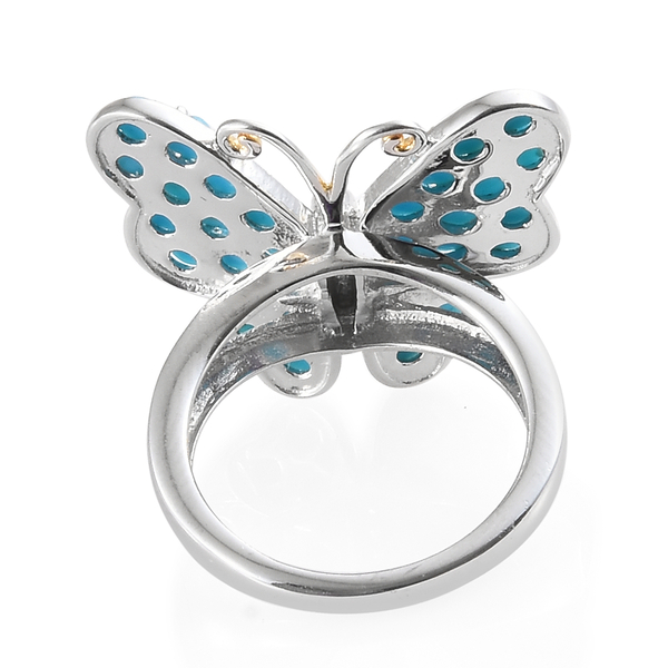 Arizona Sleeping Beauty Turquoise (Rnd), Natural White Cambodian Zircon Butterfly Ring in Platinum and Yellow Gold Overlay Sterling Silver 1.750 Ct