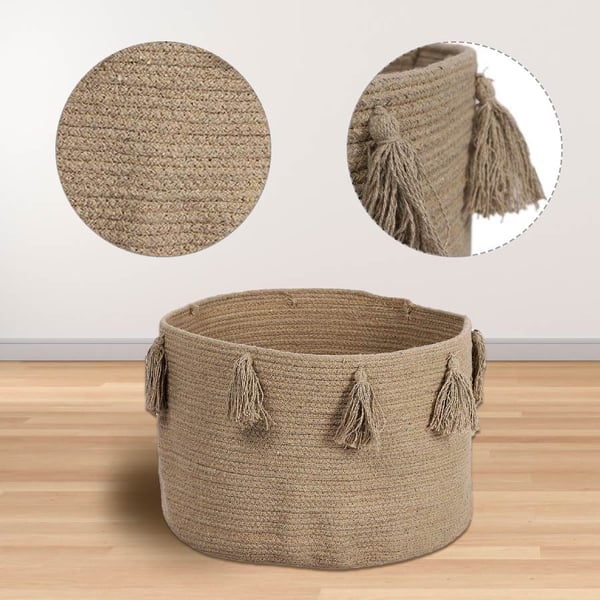 100% Cotton Braided Multipurpose Beige Basket With Tassels (45x45x30cm)