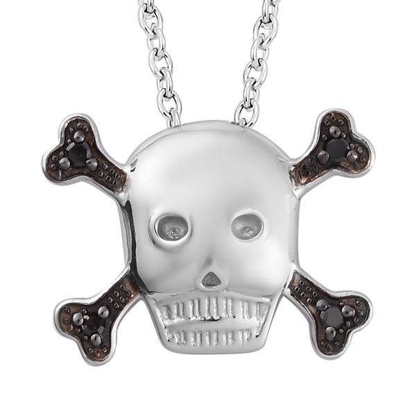 Black Diamond (Rnd) Skull Pendant with Chain (Size 18) in Platinum Overlay and Black Plating Sterlin