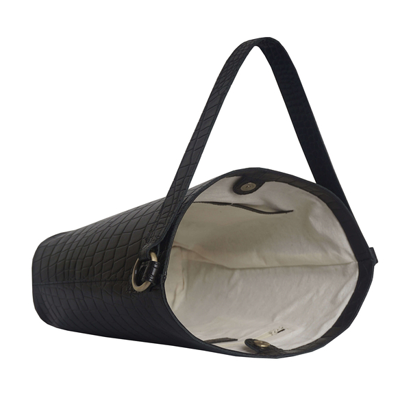 Assots London AMELIA Croc Leather Bucket Bag (35X13X34cm) - Black