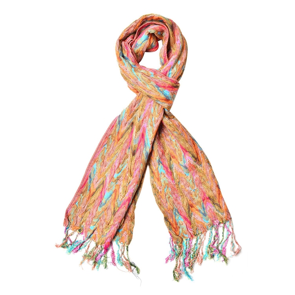 Italian Designer Inspired-Orange, Pink and Multi Colour Zigzag Pattern Scarf with Tassels (Size 170X